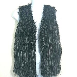 2 Chic Black White Faux Fur Vest M/L Vegan Fur Lined Long Glam Winter Layering